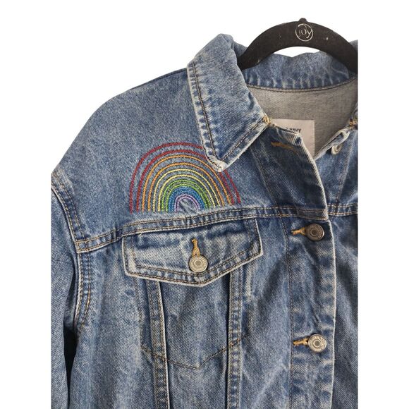 Old Navy Pride Denim Jean Jacket S Womens Boyfriend Blue Rainbow Button Front - Picture 5 of 12
